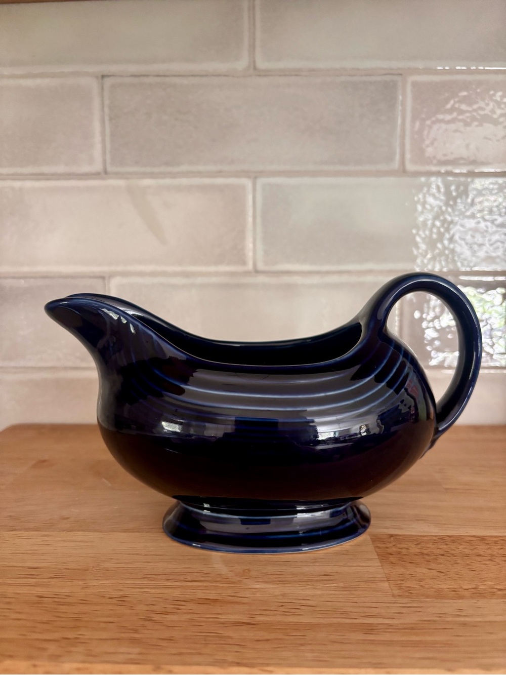 Fiesta Dark Navy Blue Glazed Ceramic Gravy Boat Excellent Condition